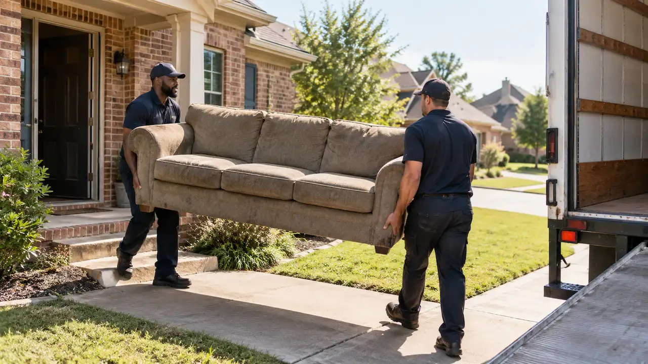 Movers carrying an old couch from a Dallas home for removal