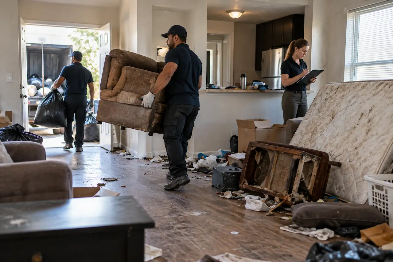 Junk removal crew clearing furniture and trash from a Dallas eviction property