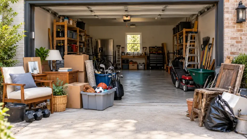 "Residential garage cleanout with furniture, cardboard boxes, sports equipment, and unwanted items sorted for donation and junk removal in Washington, DC."