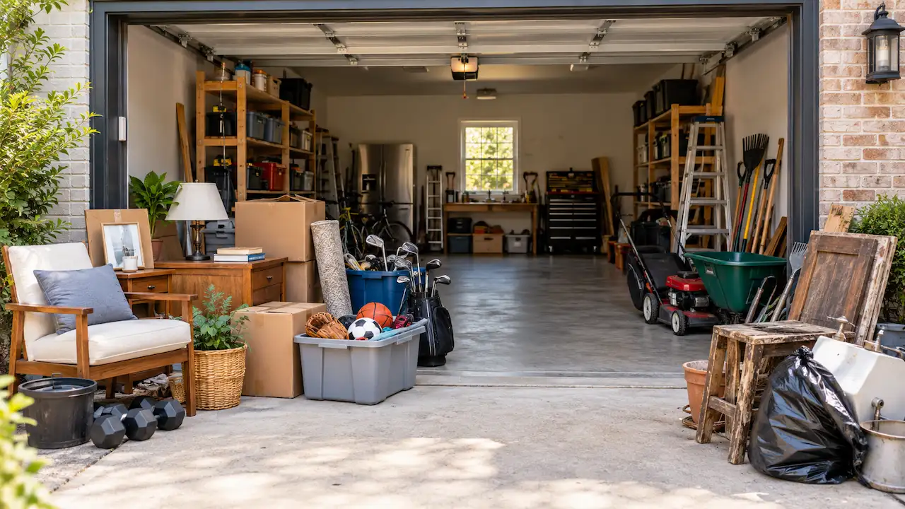 "Residential garage cleanout with furniture, cardboard boxes, sports equipment, and unwanted items sorted for donation and junk removal in Washington, DC."
