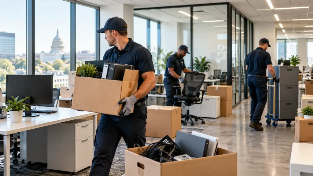Professional junk removal crew clearing office furniture, electronics, and boxes during an office cleanout in Washington, DC.
